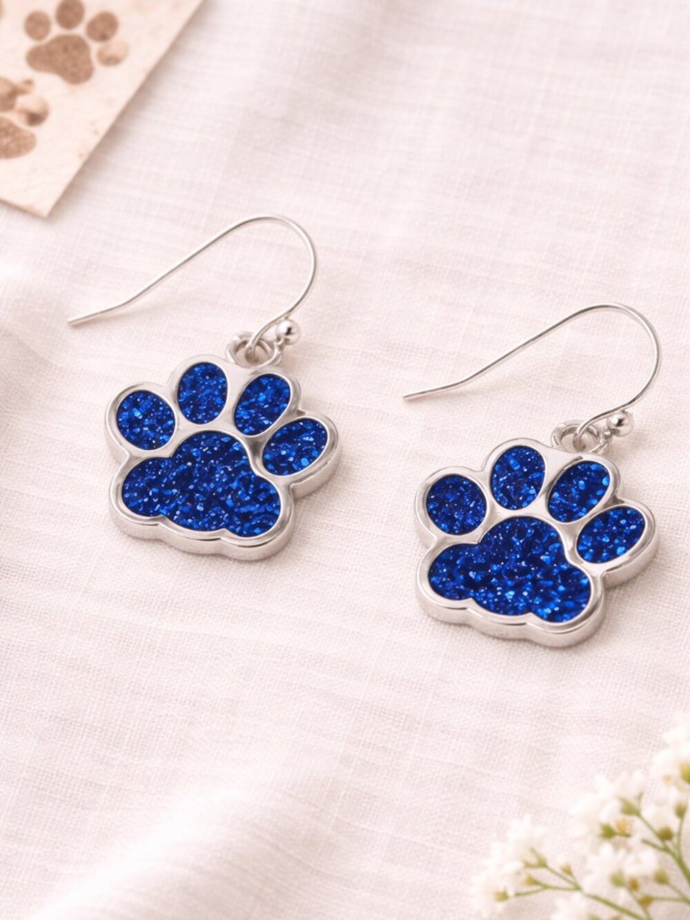 Blue Glitter Paw Print Dangle Earrings Pet Lover Jewelry
